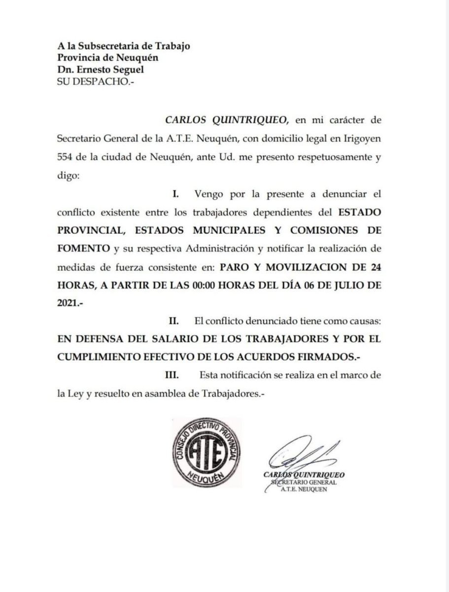 El Gremio que nuclea a los trabajadores del Estado de Neuqu&eacute;n (ATE) realizar&aacute; un paro de actividades marchar&aacute; este martes 6 de julio hacia la Legislatura Provincial. En Villa La Angostura y San Mart&iacute;n de Los Andes se acoplan a la resoluci&oacute;n.