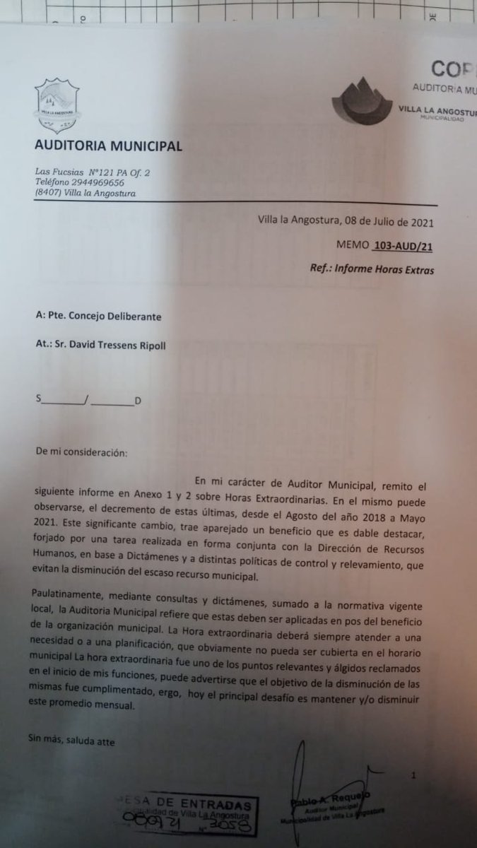 El Auditor Municipal, Pablo Requejo, comparti&oacute; a Diario 7 Lagos un informe llevado adelante por su &aacute;rea sobre las horas extraordinarias tomadas por los empleados del Municipio de Villa La Angostura.