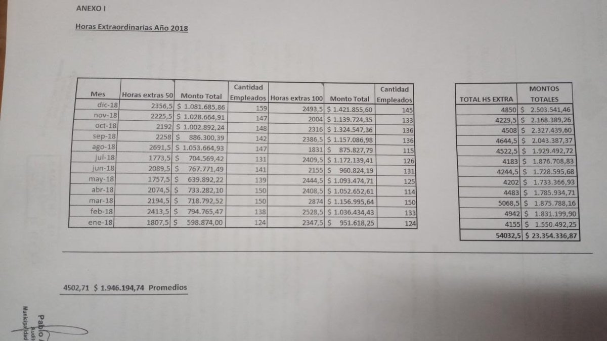 Seg&uacute;n el informe del auditor, la cantidad de horas extras tomadas por los empleados municipales de Villa La Angostura en 2018.