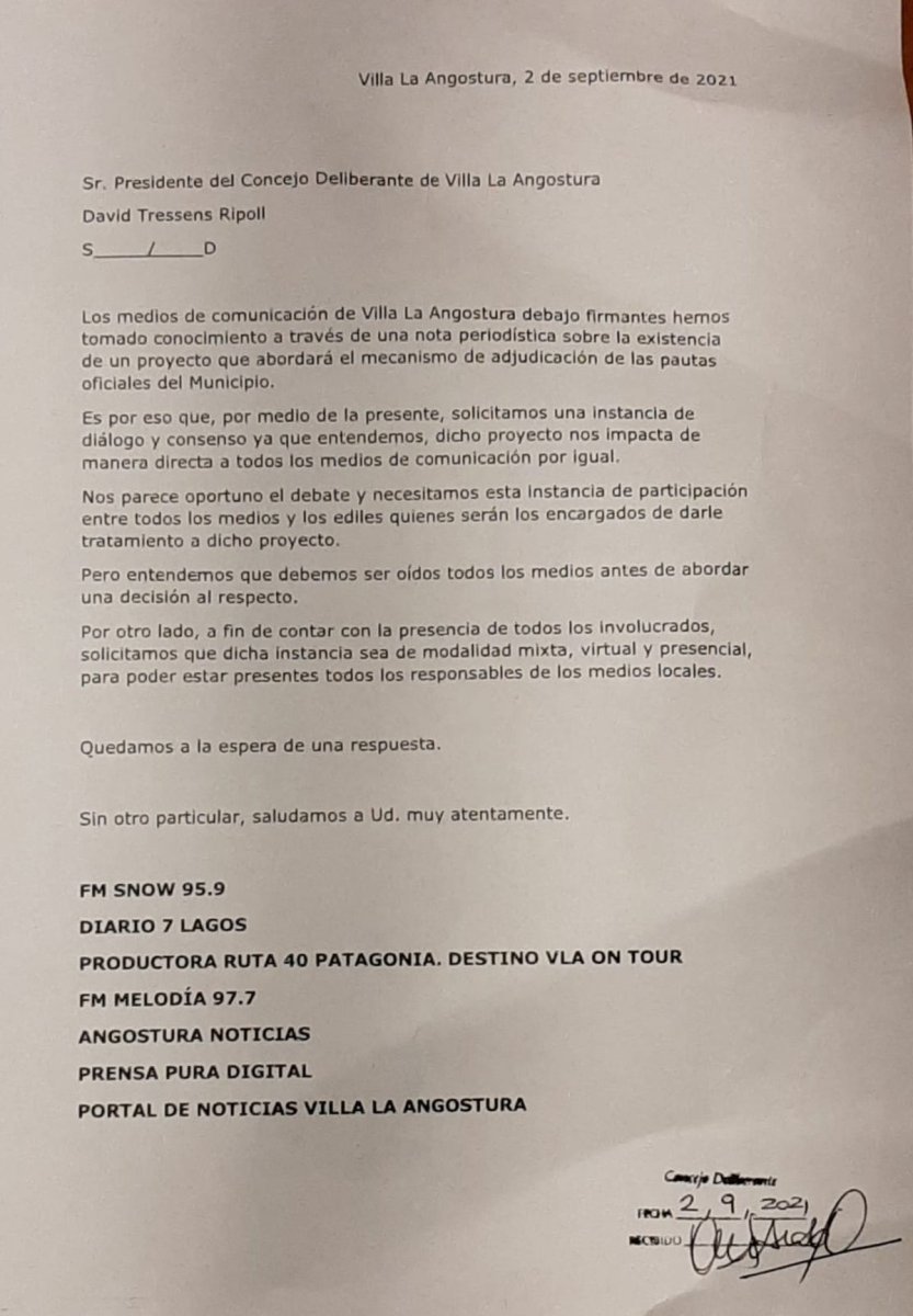 La nota ingres&oacute; este jueves al Concejo Deliberante de Villa La Angostura&nbsp;
