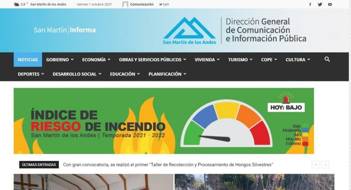 P&aacute;gina de la Direcci&oacute;n de Comunicaci&oacute;n e Informaci&oacute;n P&uacute;blica de San Mart&iacute;n para consultar la peligrosidad de incendios forestales.