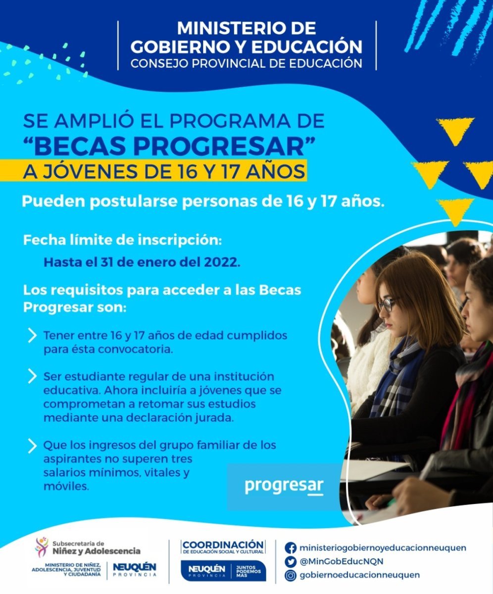 Se encuentran abiertas las inscripciones en Neuqu&eacute;n para participar del Programa Nacional de Becas Progresar.