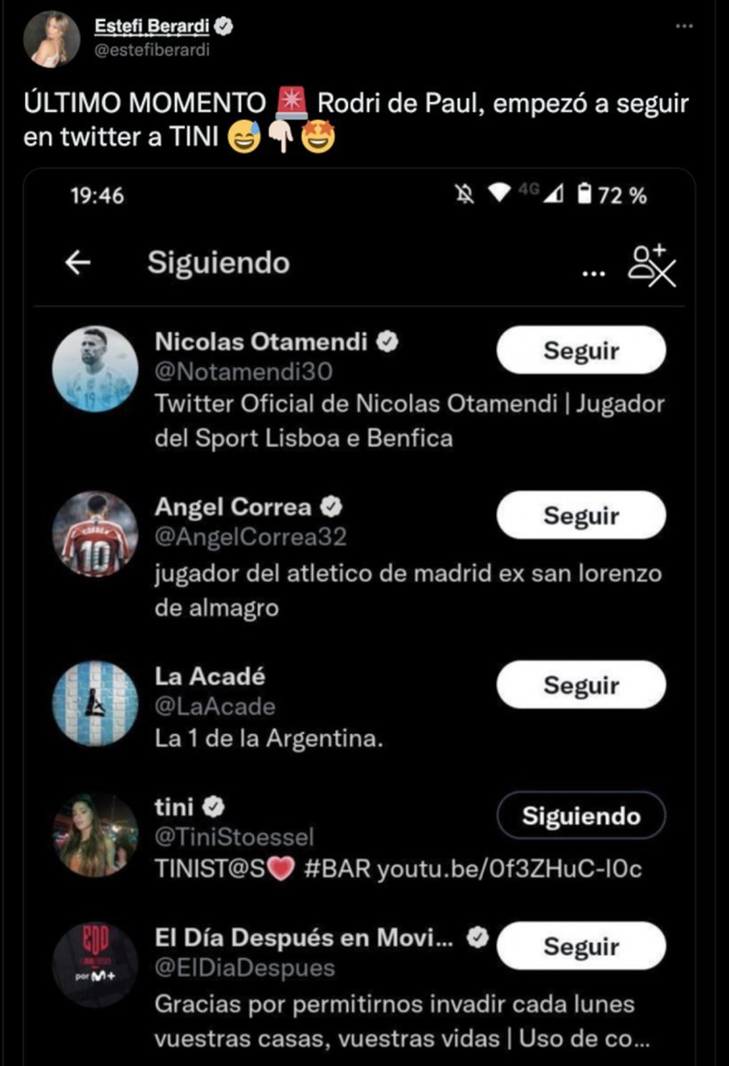 Redes: Rodrigo de Paul empez&oacute; a seguir a Tini en Twitter