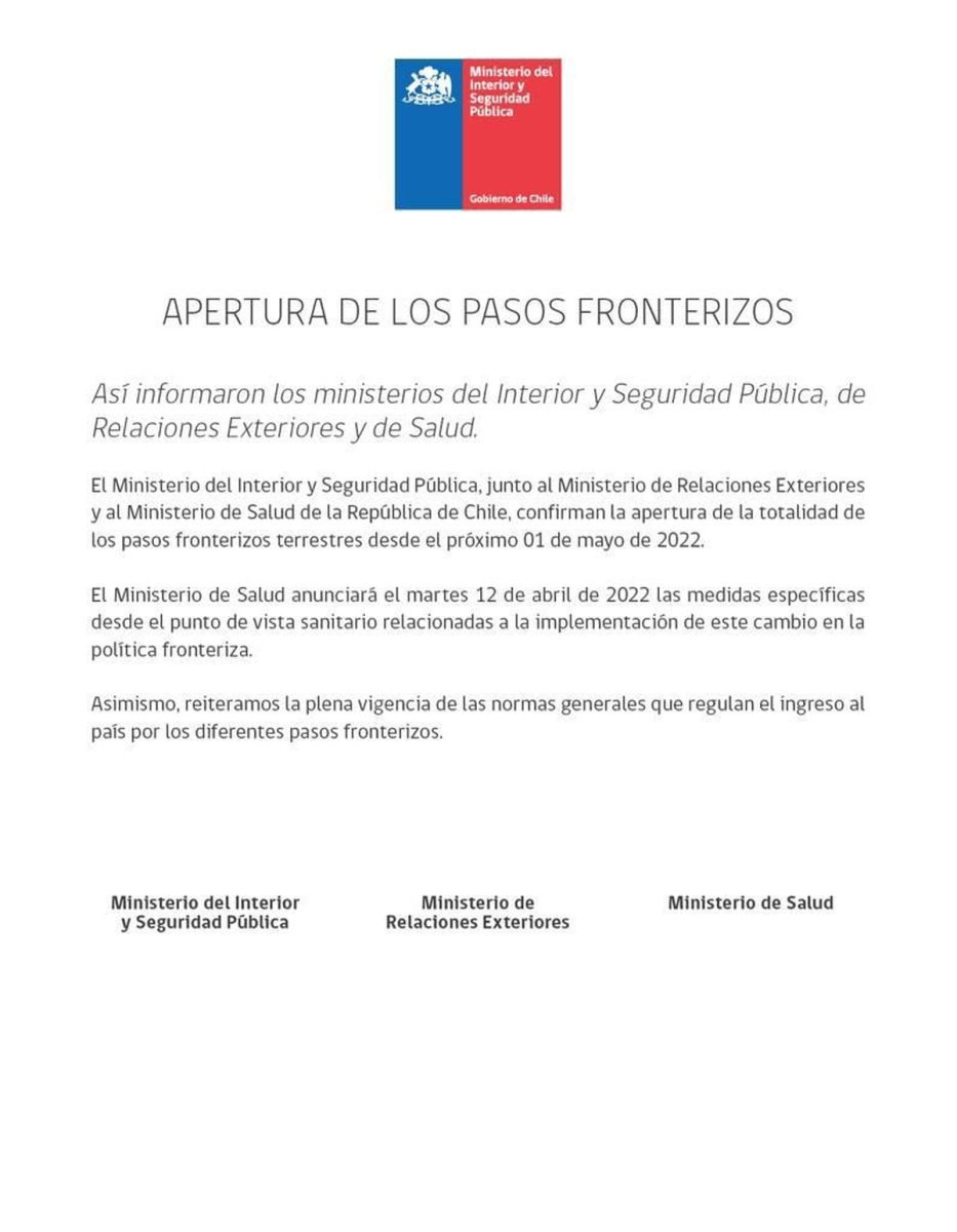 Comunicado de Chile sobre la apertura de Fronteras. Ma&ntilde;ana martes 12 de abril brindar&aacute;n mayores indicaciones.