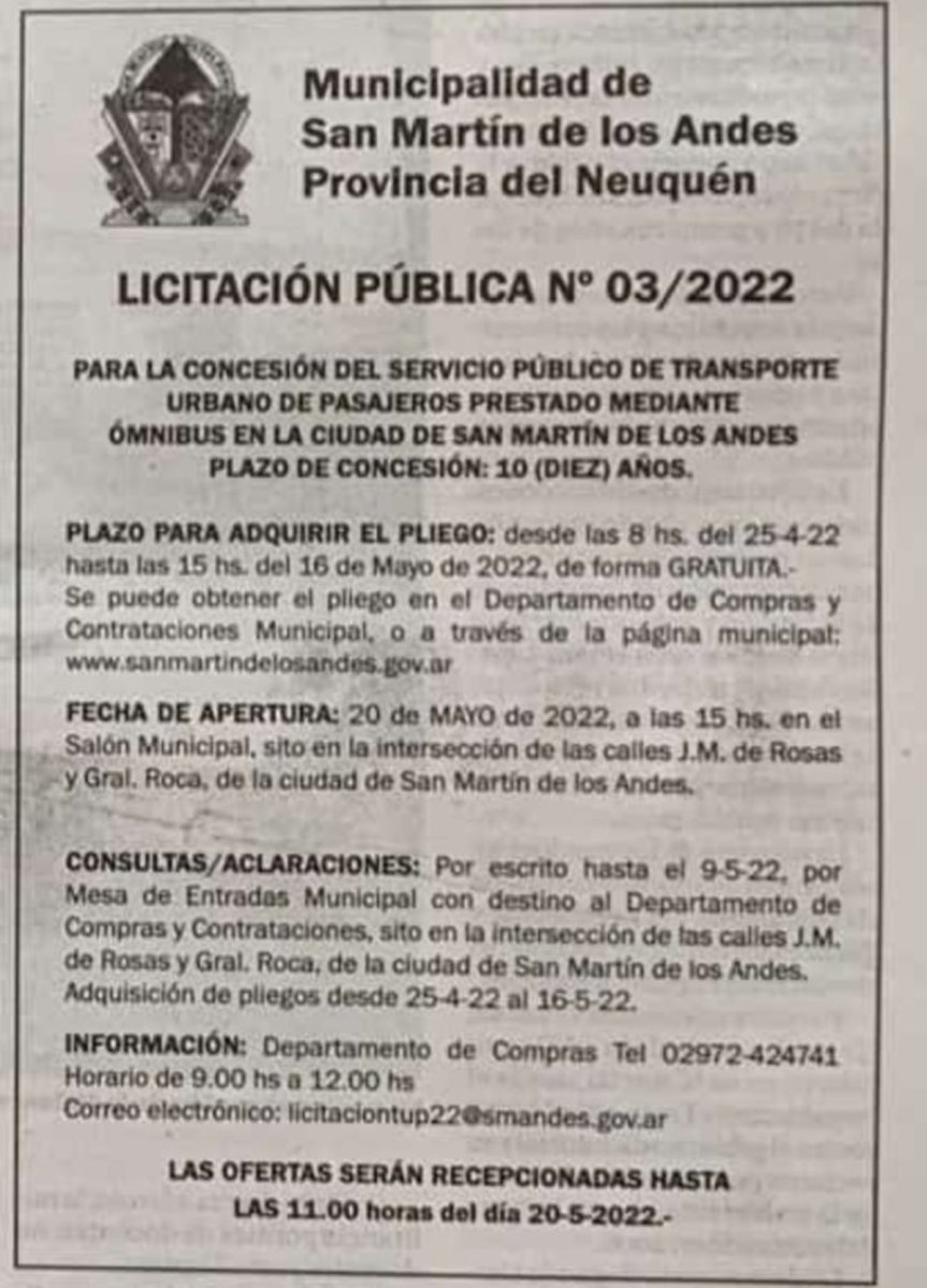 Anuncio de Licitaci&oacute;n P&uacute;blica N&deg; 3 en San Mart&iacute;n de los Andes.
