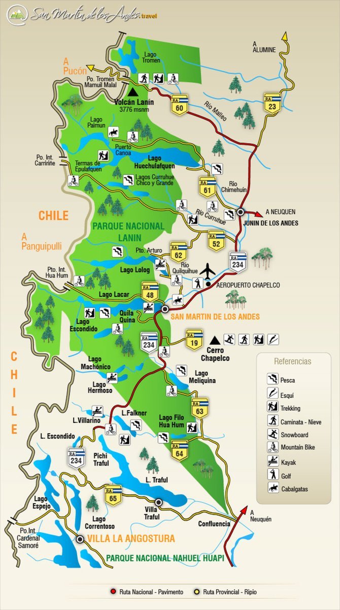 Mapa del Parque Nacional Lan&iacute;n y los cruces de fronteras entre Argentina y Chile