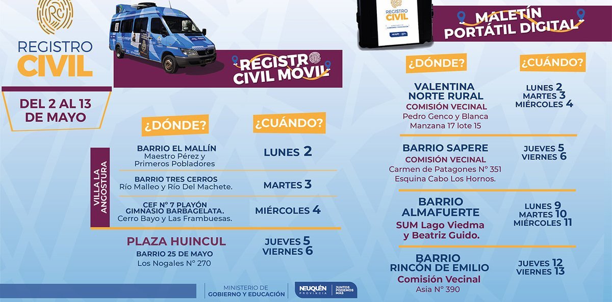 El Registro Civil M&oacute;vil se traslada a Villa La Angostura y Plaza Huincul.