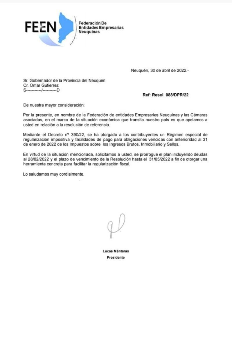 La C&aacute;mara de Comercio de San Mart&iacute;n de los Andes comparti&oacute; el pedido de FEEN al Gobernador.
