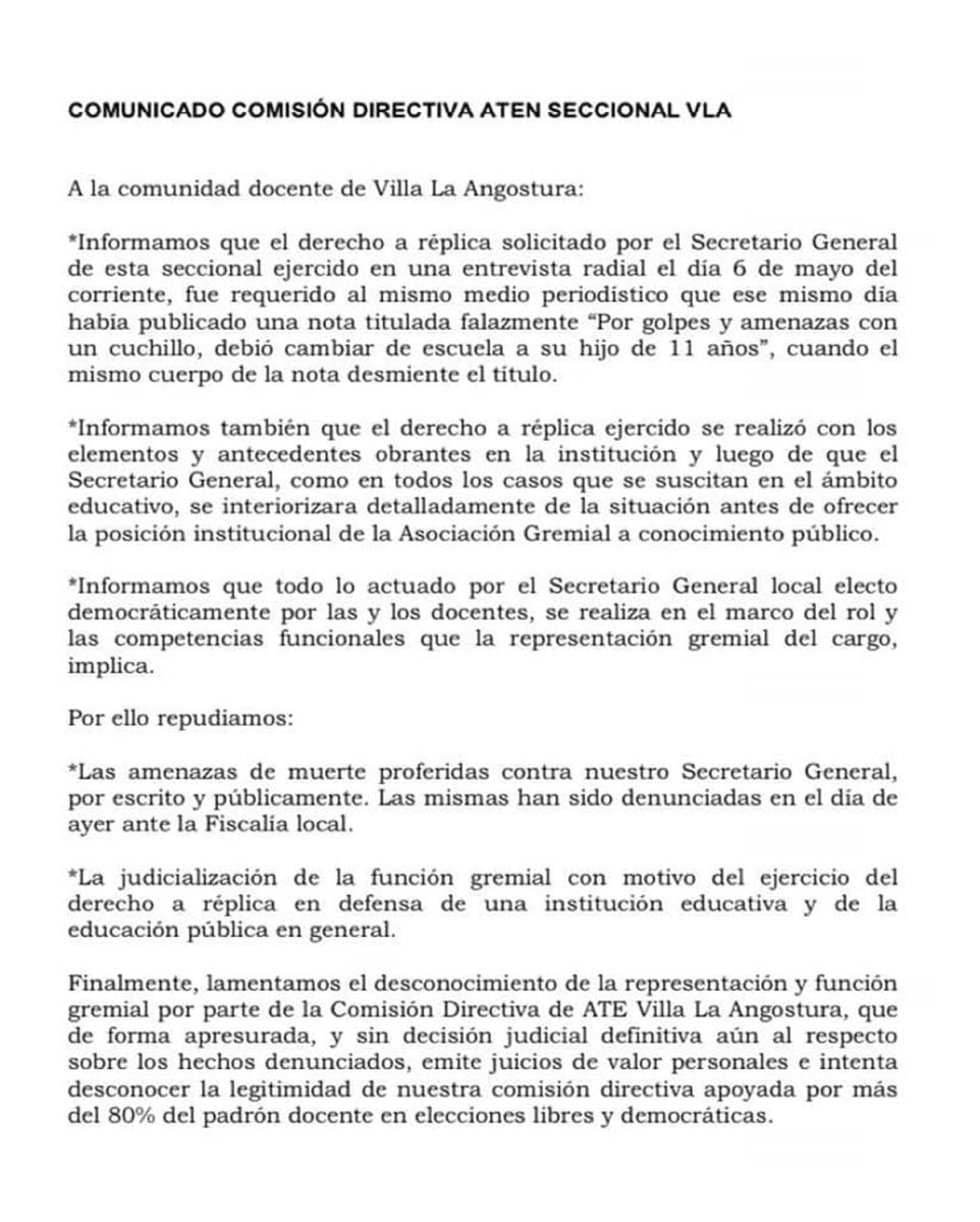 El comunicado de ATEN Villa la Angostura en respuesta a ATE
