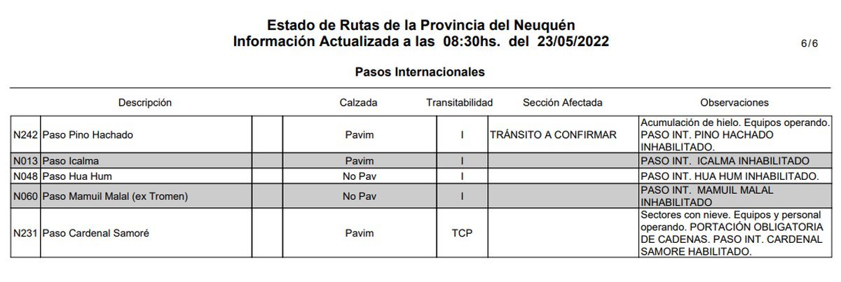 Situaci&oacute;n de los cruces fronterizos de Neuqu&eacute;n debido a la nieve