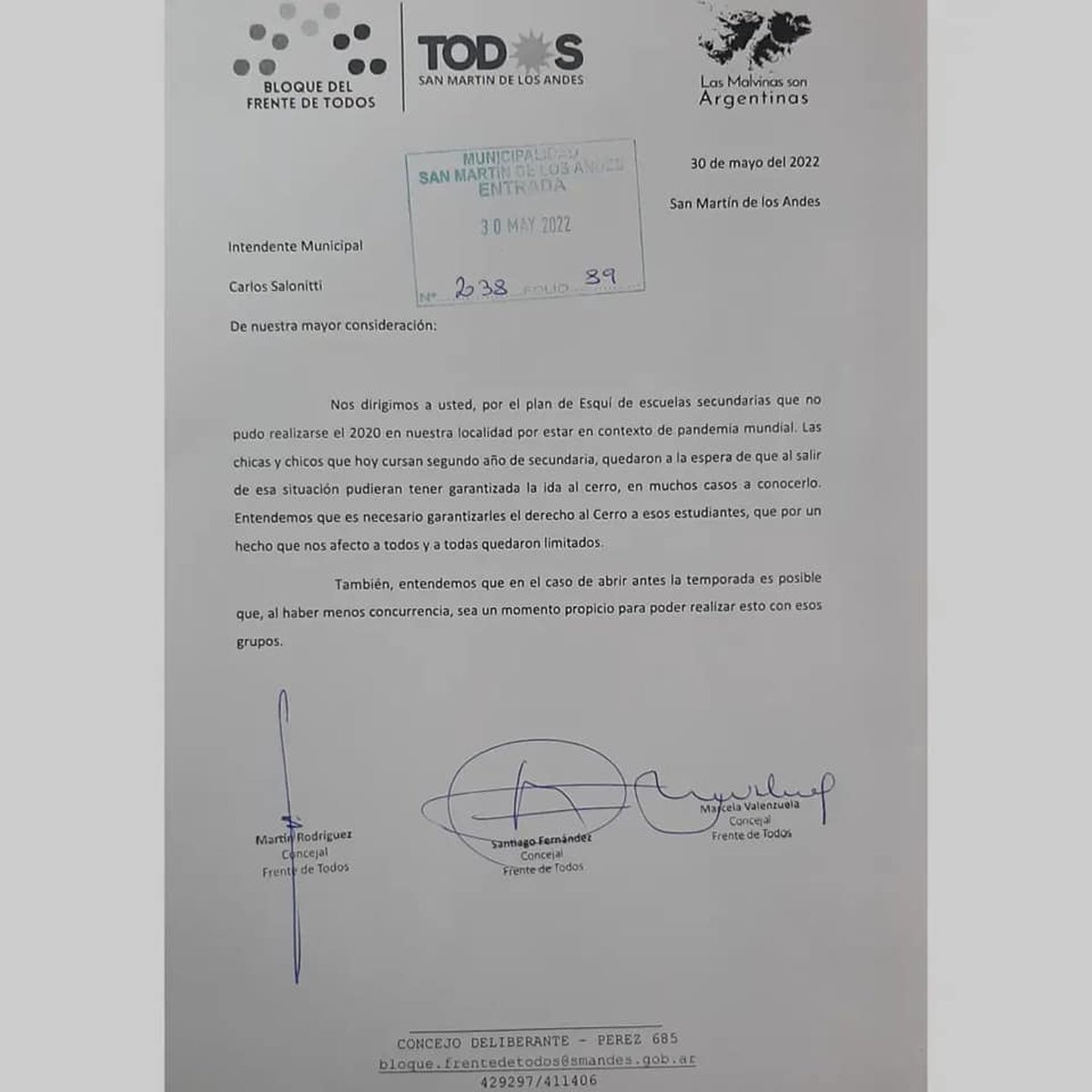 Nota entregada por el Frente de Todos en San Mart&iacute;n de los Andes.