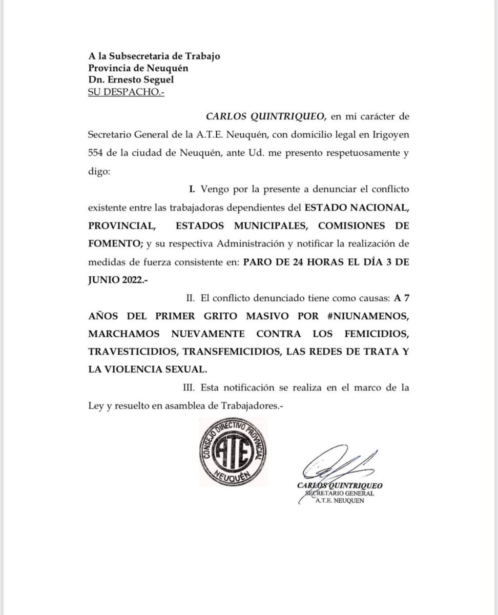 Carta de ATE Provincial dirigida al Gobierno de Neuqu&eacute;n.