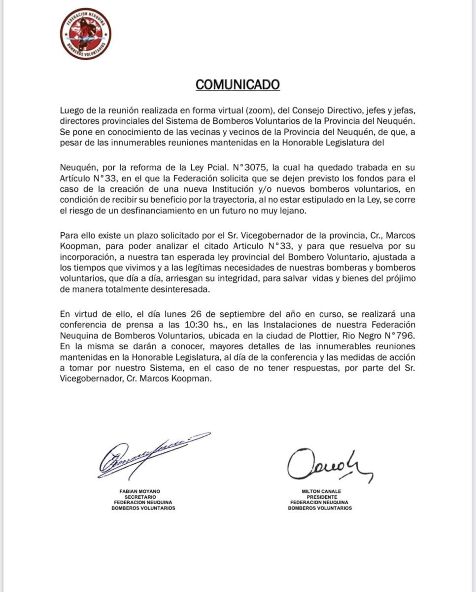Comunicado de la Federaci&oacute;n Neuquina de Bomberos Voluntarios.