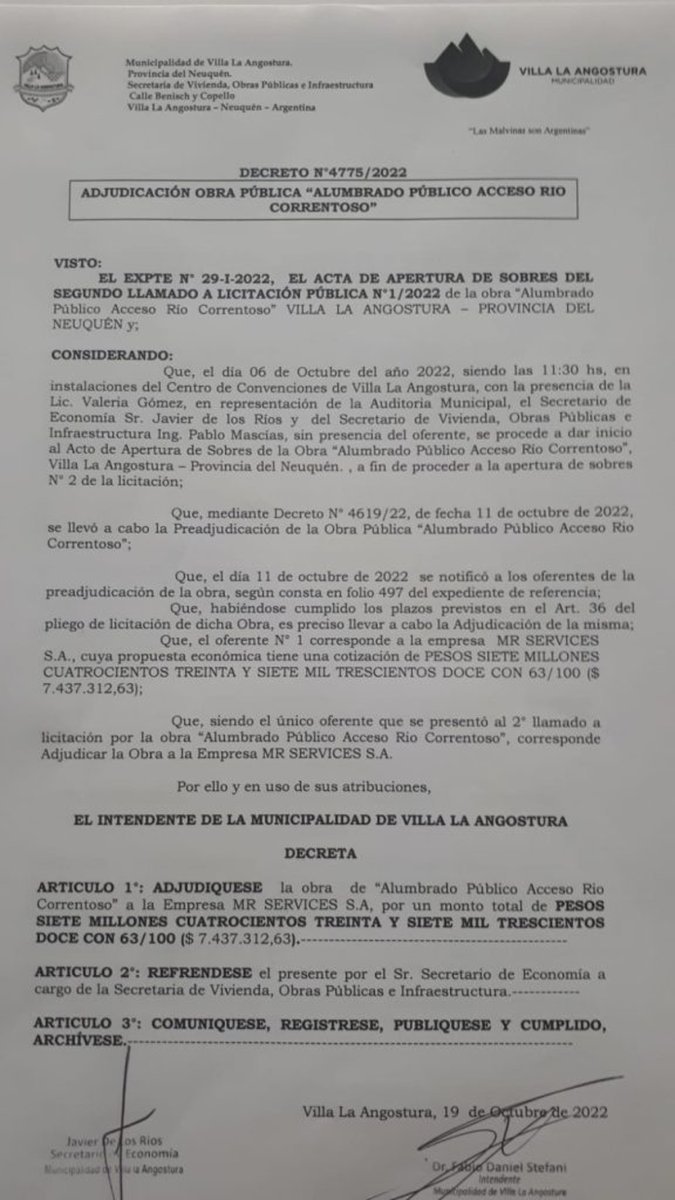 Detalle de la adjudicaci&oacute;n de la obra de Alumbrado 