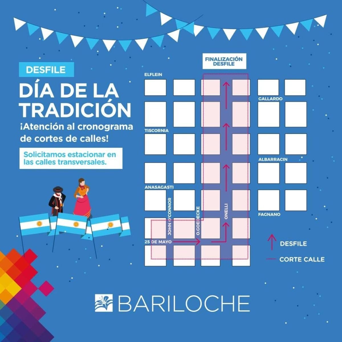 Mapa de cortes por el desfile del D&iacute;a de la Tradici&oacute;n en Bariloche.