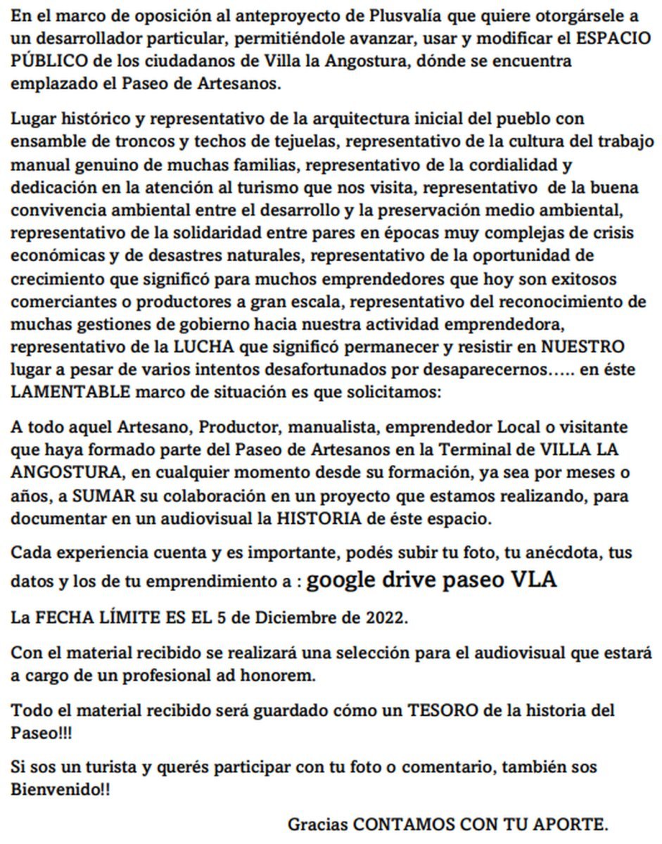 Comunicado de emprendedores del Paseo de Artesanos de Villa La Angostura.
