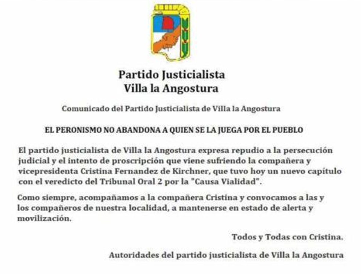 El comunicado del PJ de Angostura en apoyo a Cristina Fern&aacute;ndez.