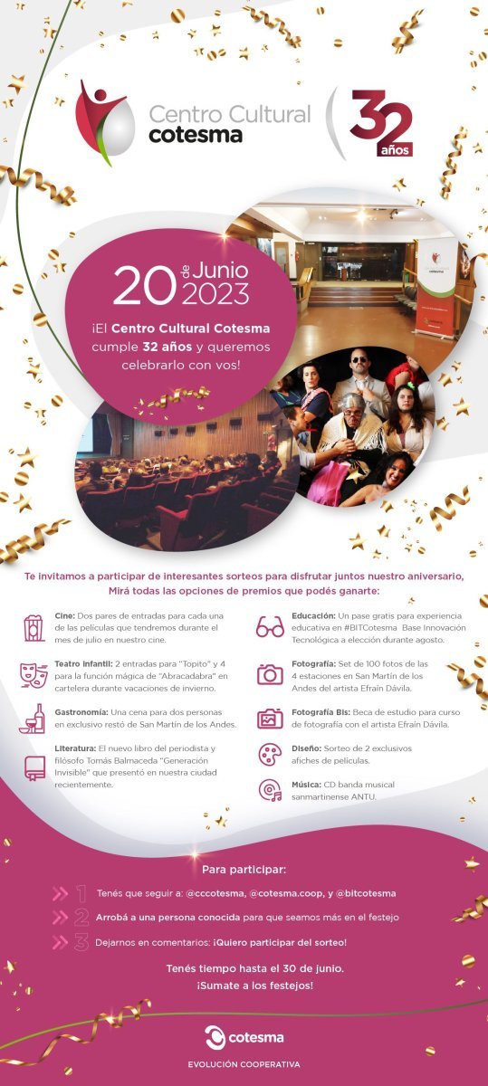El Centro Cultural de San Mart&iacute;n de los Andes cumple 32 a&ntilde;os y lo festeja con sorteos para la comunidad.