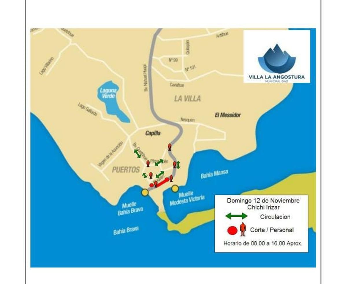 Mapa de modificaciones de tr&aacute;nsito el domingo 12/11 en Villa La Angostura