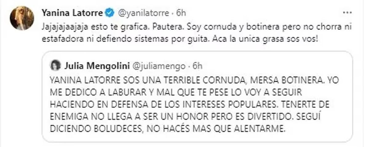 Yanina Latorre le respondi&oacute; a Julia Mengolini