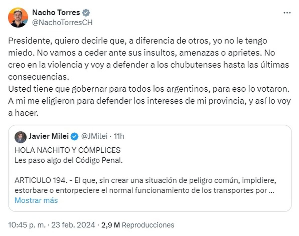 El cruce entre Ignacio Torres y Milei en las redes del gobernador chubutense.