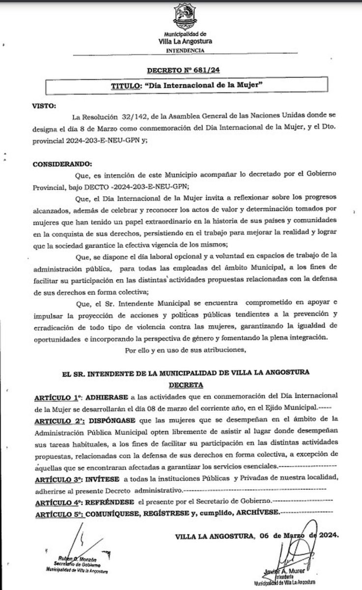 El decreto firmado a trav&eacute;s del cual el municipio le otorg&oacute; asueto a sus trabajadoras en Angostura.