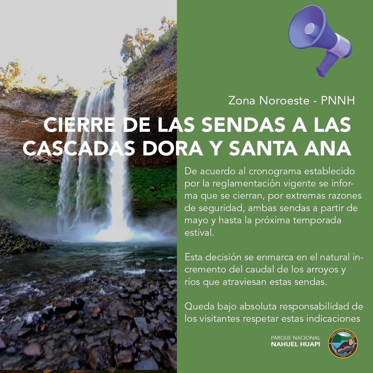 Parque Nacional Nahuel Huapi: cierre de sendas a las cascadas Dora y Santa Ana
