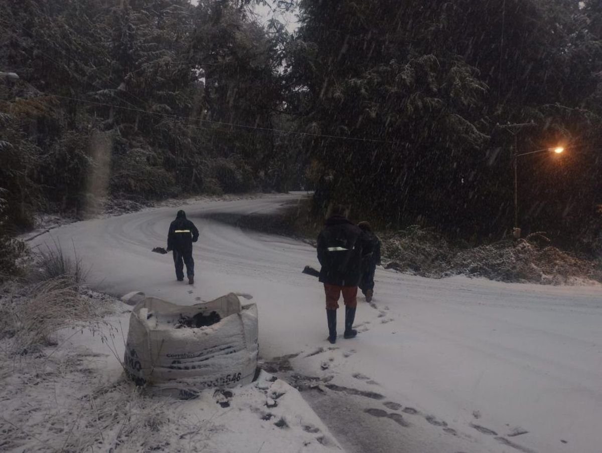 Personal municipal de Bariloche trabaja para mitigar las consecuencias del temporal de nieve que azota a la ciudad.