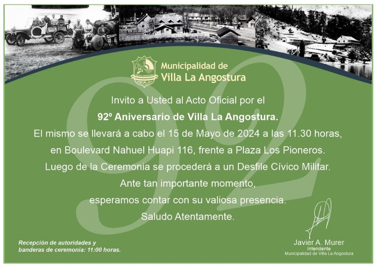 El municipio de Villa La Angostura invita a la comunidad a festejar el 92&deg; aniversario de la ciudad.