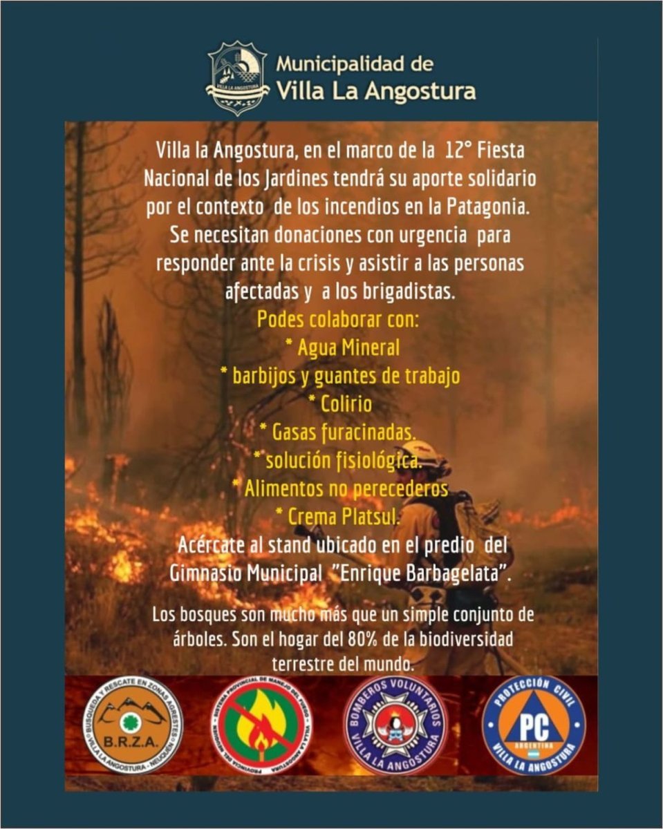 Villa La Angostura: colecta de donaciones para asistir a las personas afectadas y a los brigadistas