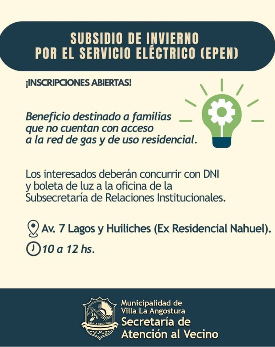 Villa La Angostura: se encuentra abierta la inscripci&oacute;n al subsidio de invierno del EPEN